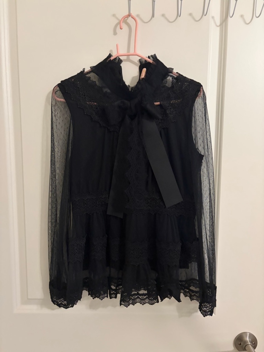 Sheer Lace-Tiered Bow Neck Women’s Top - Black